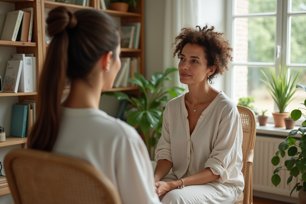 Femme therapie en cabinet lumineux et apaisant