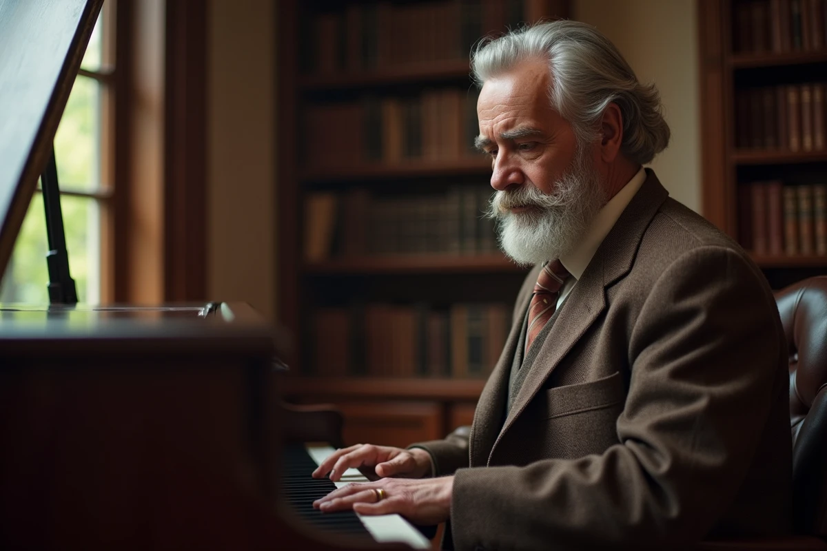 Thérapeute âgé au piano dans un bureau ancien