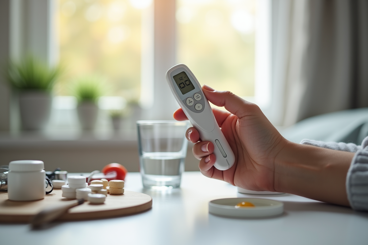 Mains tenant un thermometre avec fièvre élevée sur une table