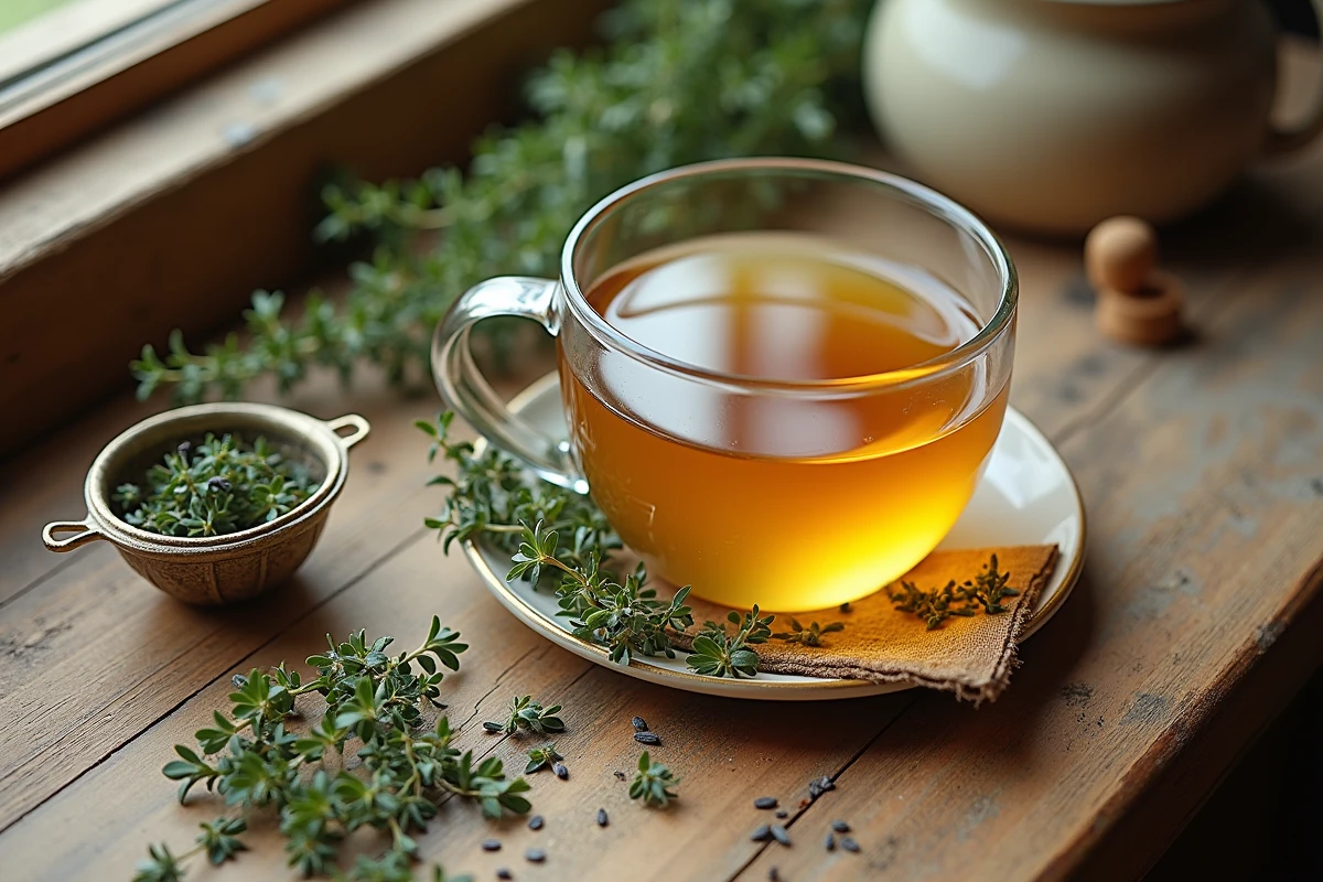 Tisane de thym séché dans une tasse en verre avec passoire et pot de miel sur une table en bois