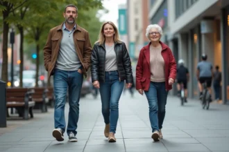 Trois adultes de hauteurs différentes marchent dans la ville