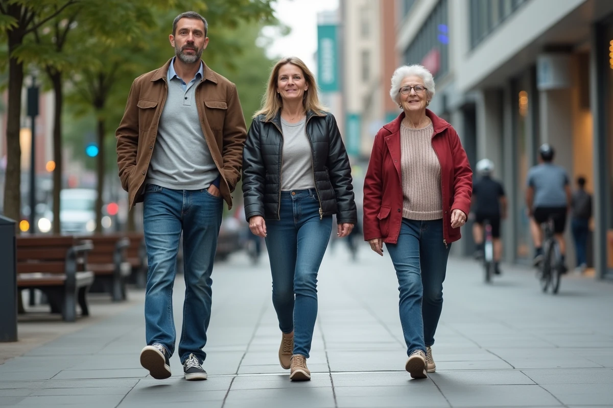 Trois adultes de hauteurs différentes marchent dans la ville
