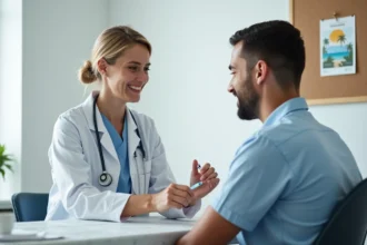 Infirmière administrant un vaccin à un voyageur dans une clinique de santé aux voyageurs avant un départ pour la Tanzanie