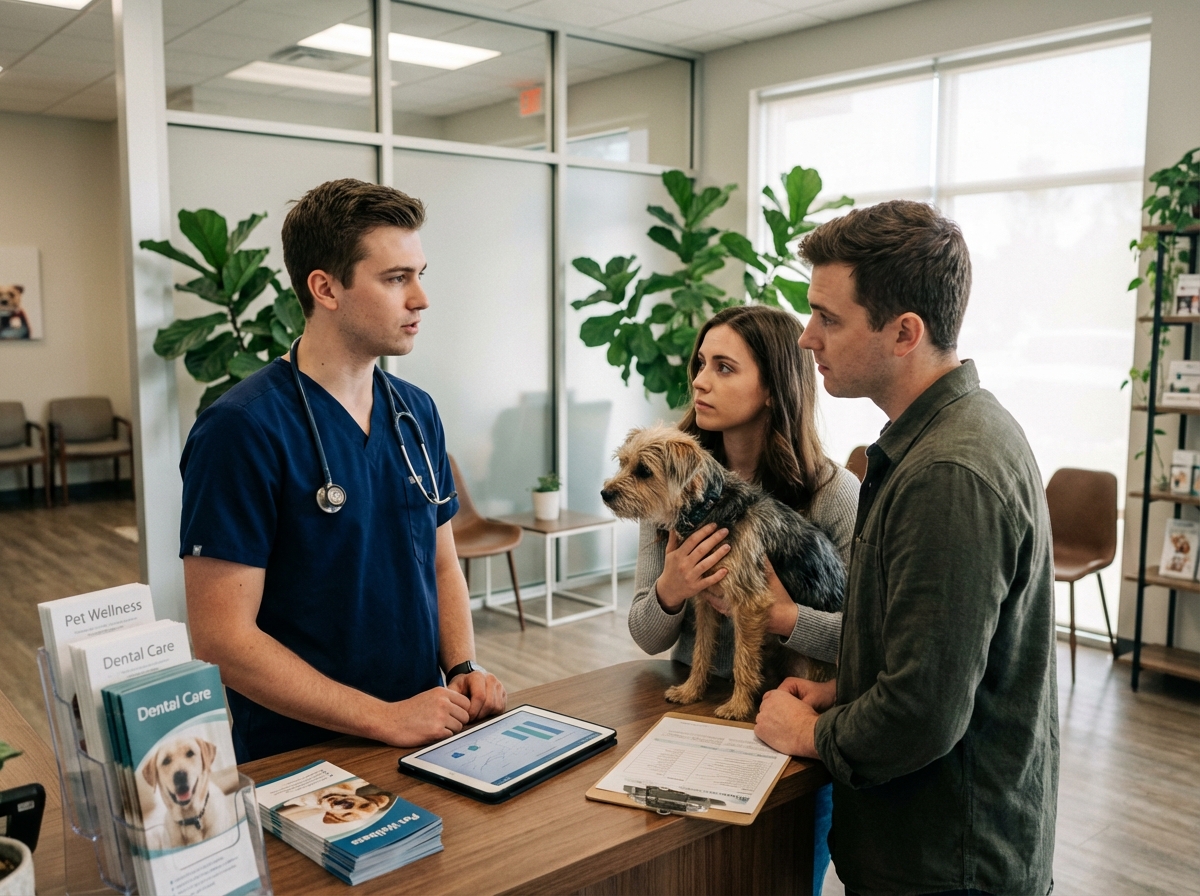 Vétérinaire discutant avec un couple et leur chien en clinique